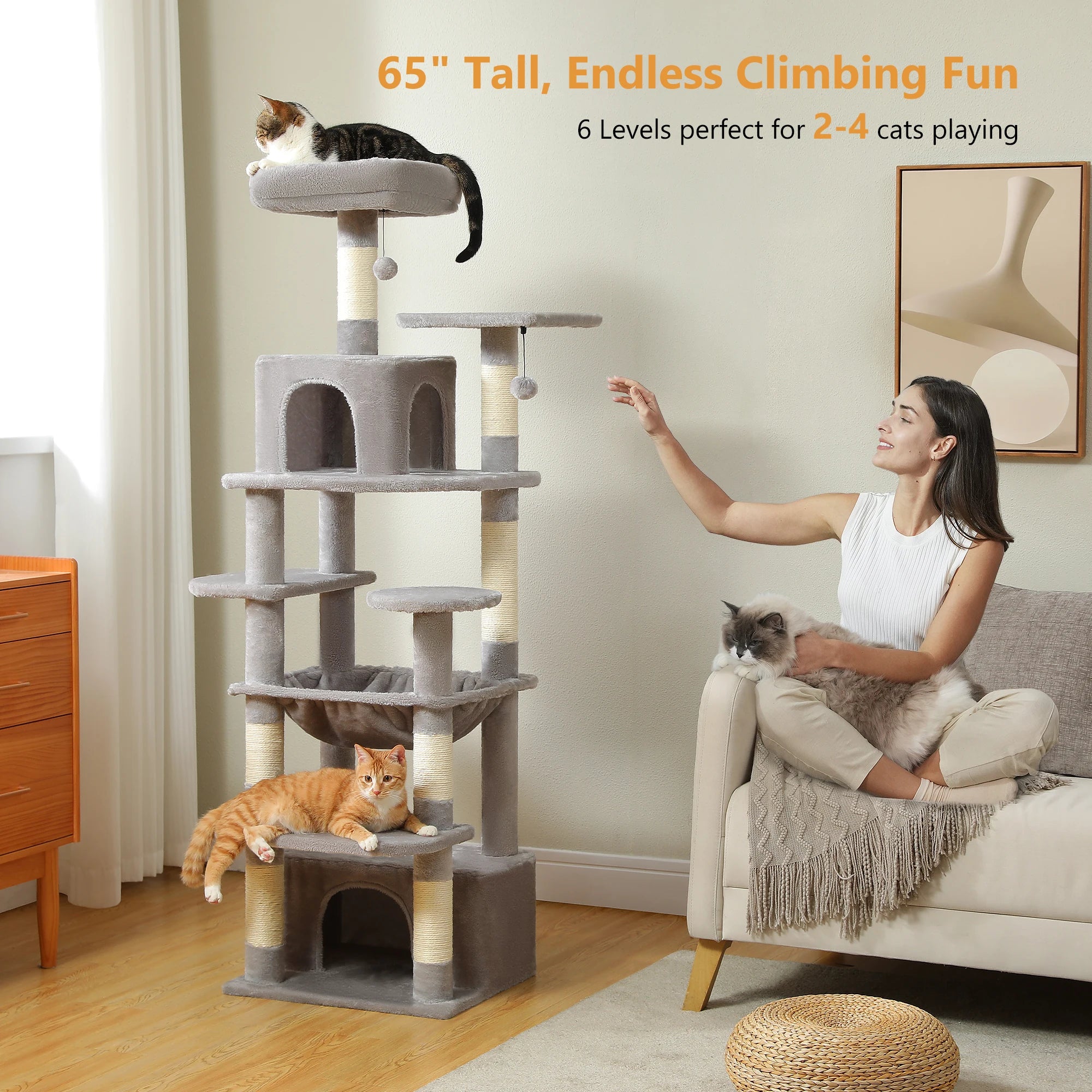 🐾 Large Cat Tree & Tower – Großer Kratzbaum für Wohnungskatzen | Sisalpfosten, Hängematte, gepolsterte Liegeflächen & Spielzeug