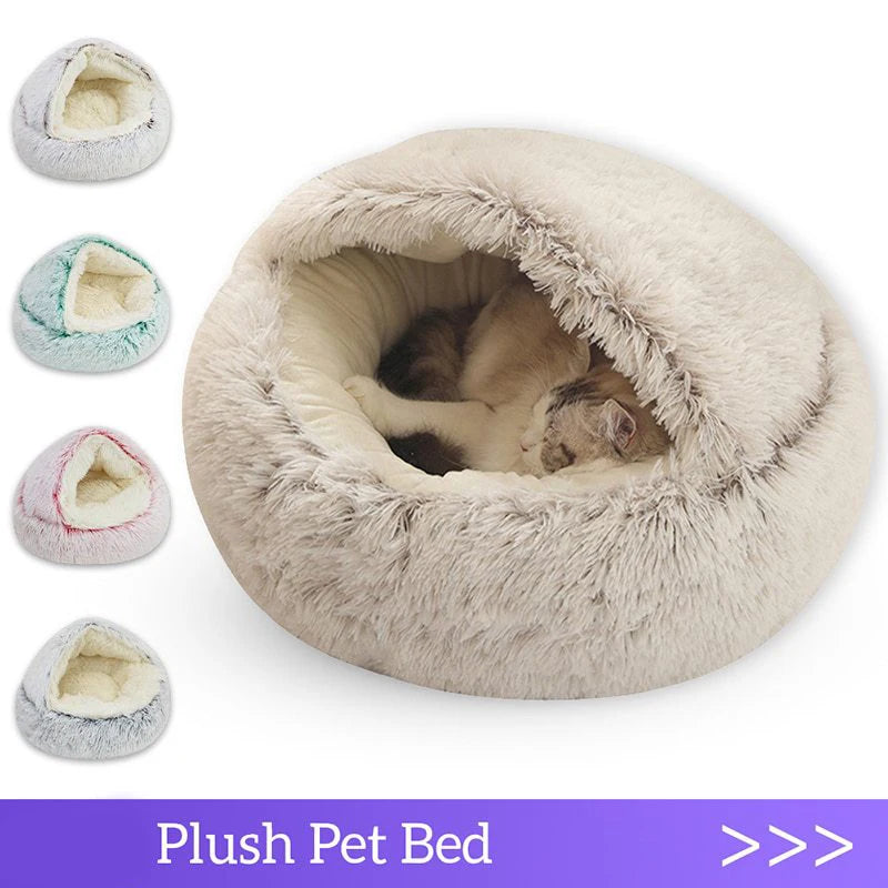 🐾 Soft Plush Cat Bed – Warme runde Katzenhöhle mit Deckel | 2-in-1 Nest für Katzen & kleine Hunde