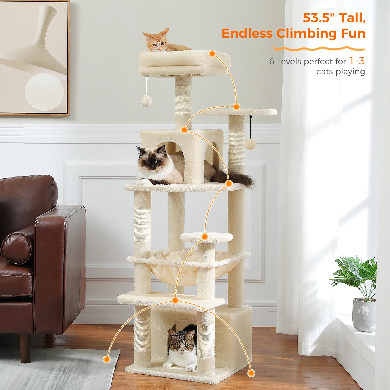 🐾 Large Cat Tree & Tower – Großer Kratzbaum für Wohnungskatzen | Sisalpfosten, Hängematte, gepolsterte Liegeflächen & Spielzeug