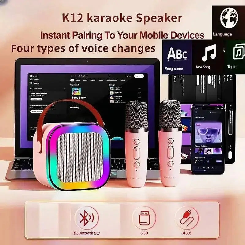 K12 Tragbarer Bluetooth 5.0 Karaoke-Lautsprecher – inklusive 2 Mikrofone | RGB-Licht, 6h Spielzeit, Familien-Karaoke & Kinder-Geschenke