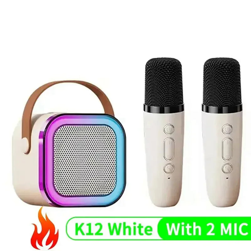 K12 Tragbarer Bluetooth 5.0 Karaoke-Lautsprecher – inklusive 2 Mikrofone | RGB-Licht, 6h Spielzeit, Familien-Karaoke & Kinder-Geschenke