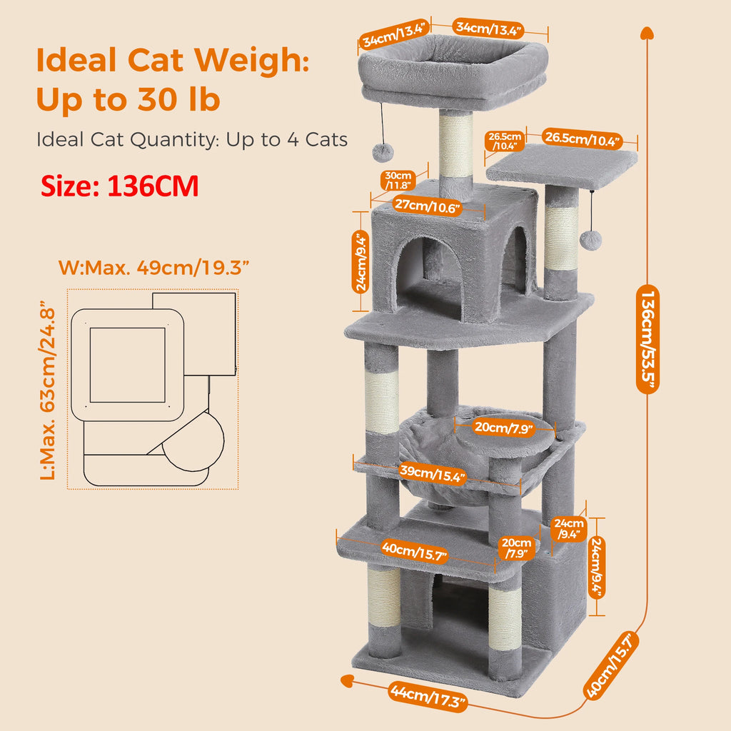 🐾 Large Cat Tree & Tower – Großer Kratzbaum für Wohnungskatzen | Sisalpfosten, Hängematte, gepolsterte Liegeflächen & Spielzeug