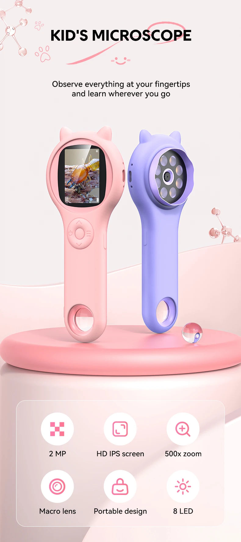 🔬 Mini Kids Optical Microscope – 500X Kinder-Mikroskop mit Foto- & Video-Funktion | Wissenschaft & Lernspielzeug für kleine Entdecker