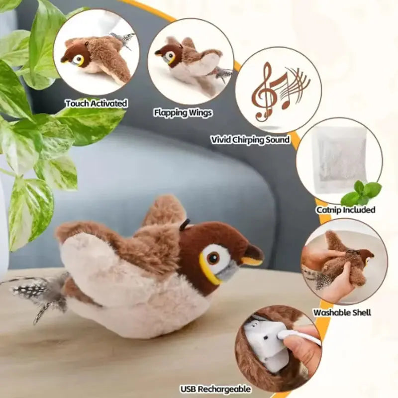 Interaktiver Vogel für Katzen – Flatternder Bird Toy mit Sound & Catnip | Realistische Flügelbewegung & Zwitschern | Simulation Sparrow Katzenspielzeug PawPaw