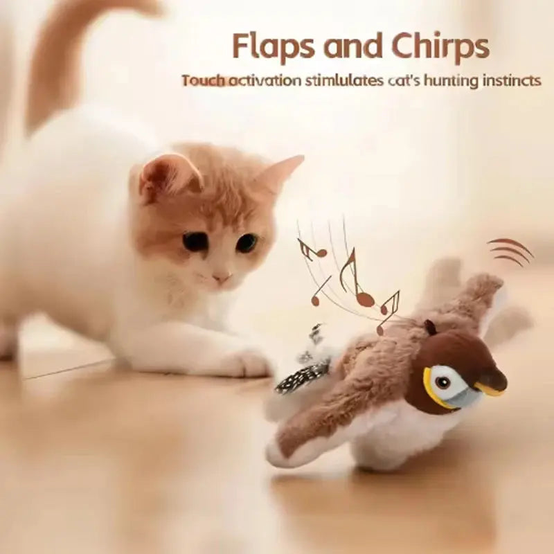 Interaktiver Vogel für Katzen – Flatternder Bird Toy mit Sound & Catnip | Realistische Flügelbewegung & Zwitschern | Simulation Sparrow Katzenspielzeug PawPaw