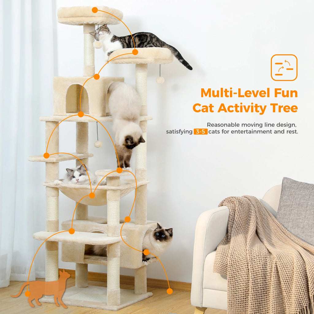 🐾 Large Cat Tree & Tower – Großer Kratzbaum für Wohnungskatzen | Sisalpfosten, Hängematte, gepolsterte Liegeflächen & Spielzeug