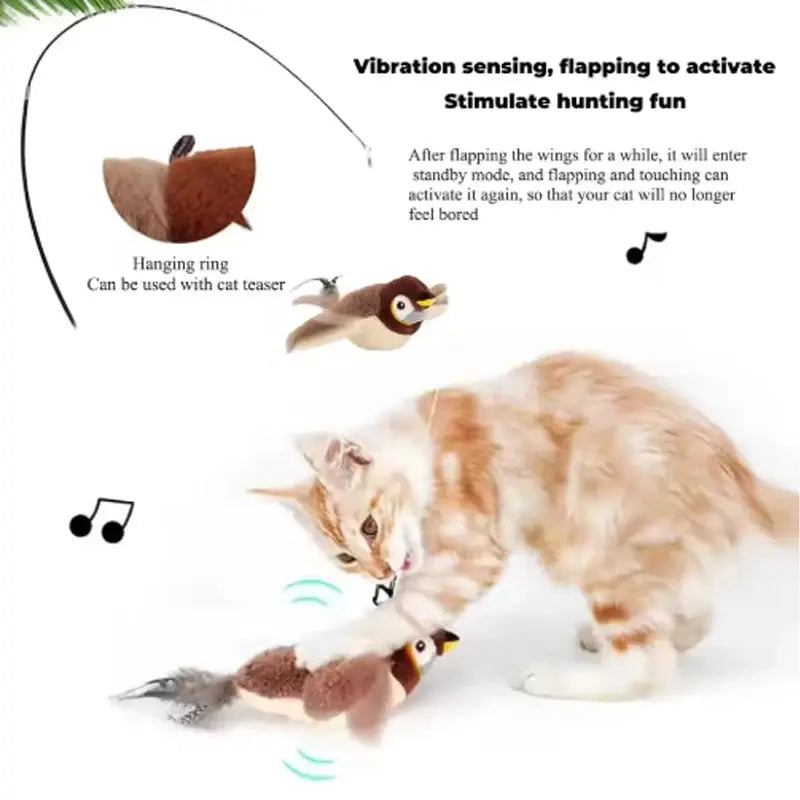 Interaktiver Vogel für Katzen – Flatternder Bird Toy mit Sound & Catnip | Realistische Flügelbewegung & Zwitschern | Simulation Sparrow Katzenspielzeug PawPaw