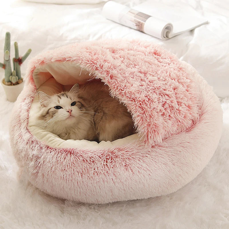🐾 Soft Plush Cat Bed – Warme runde Katzenhöhle mit Deckel | 2-in-1 Nest für Katzen & kleine Hunde