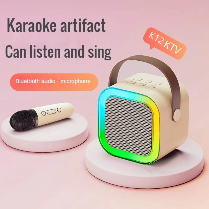 K12 Tragbarer Bluetooth 5.0 Karaoke-Lautsprecher – inklusive 2 Mikrofone | RGB-Licht, 6h Spielzeit, Familien-Karaoke & Kinder-Geschenke