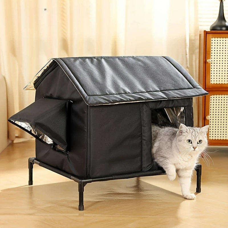 Weatherproof Outdoor Pet House mit Sicherheitszaun – Strapazierfähiges Oxford-Gewebe, Wind- & Kältegeschützt, ganzjährig geeignet für Katzen & kleine Hunde