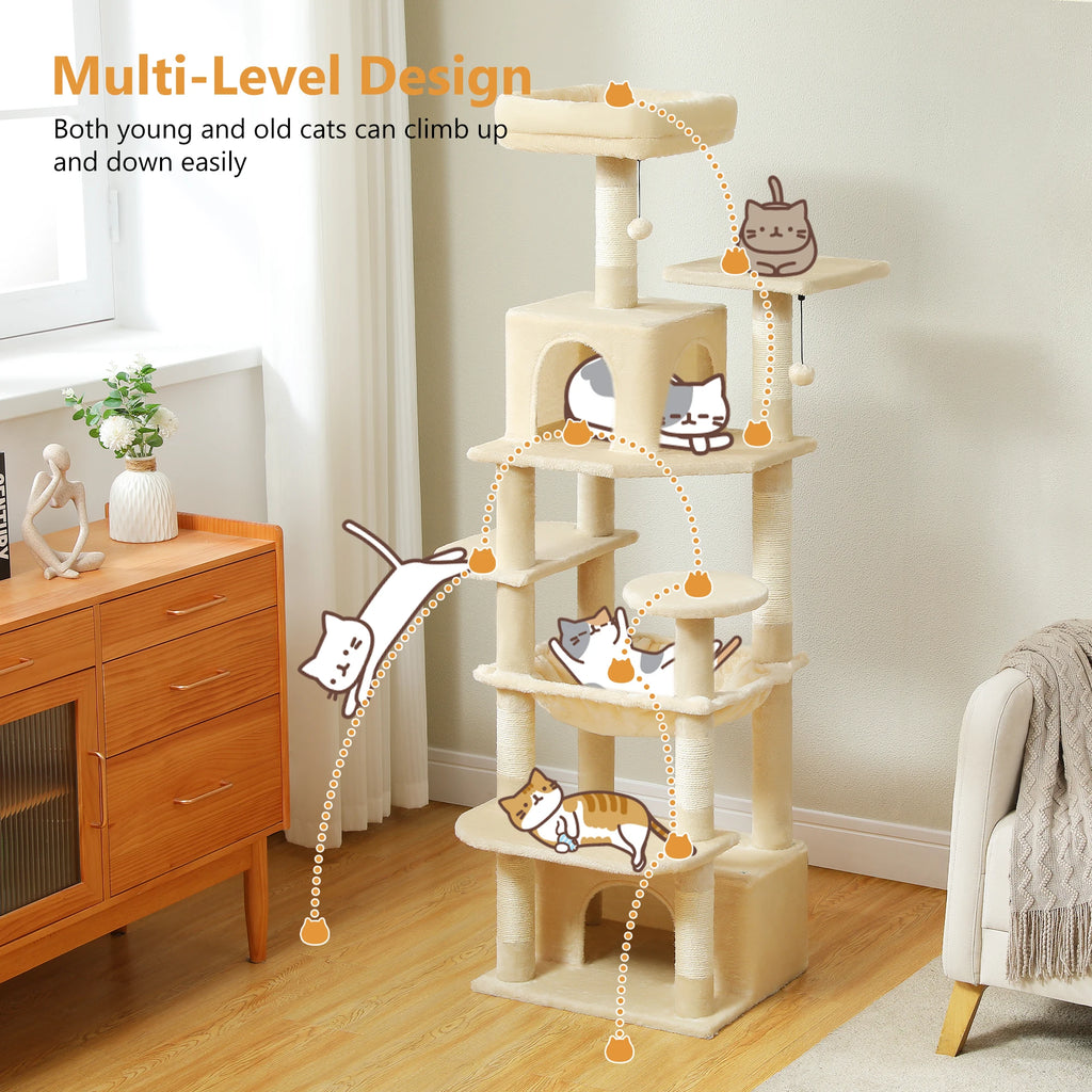 🐾 Large Cat Tree & Tower – Großer Kratzbaum für Wohnungskatzen | Sisalpfosten, Hängematte, gepolsterte Liegeflächen & Spielzeug